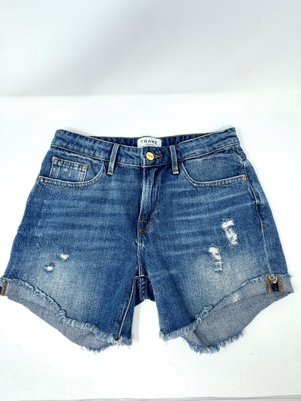 Frame Le Grand Garcon Blue Distressed Denim Shorts